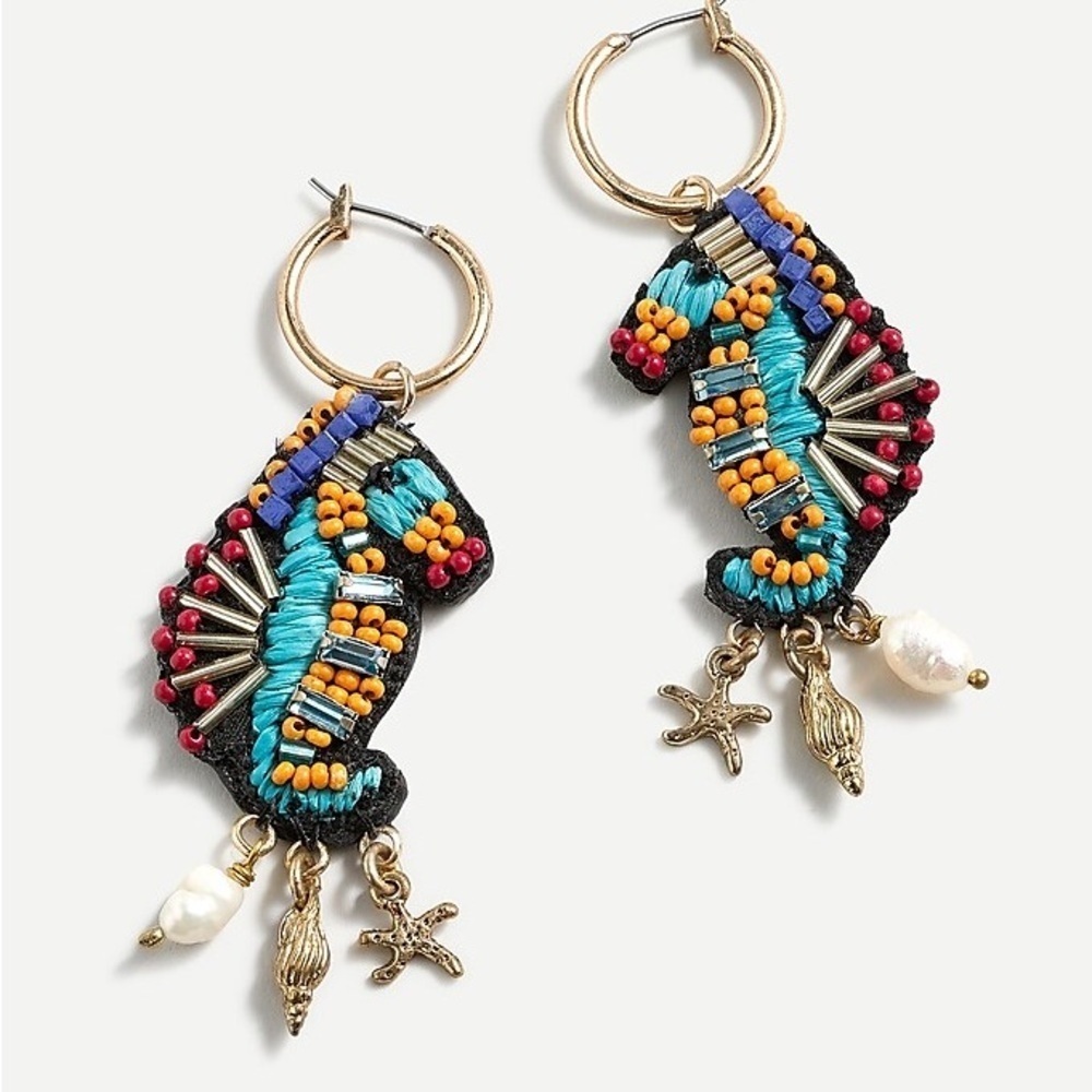J.Crew Seahorse Charm Hoop Earrings Freshwater Pearl Beaded NWT